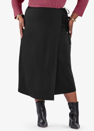 Secret Glam - Saia Midi Transpassada Plus Size Preto - SECRET GLAM