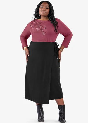 Secret Glam - Saia Midi Transpassada Plus Size Preto - SECRET GLAM