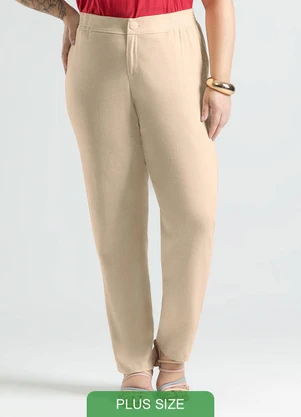 Cativa - Calça Plus Size Reta em Tecido em Linho Bege - CATIVA