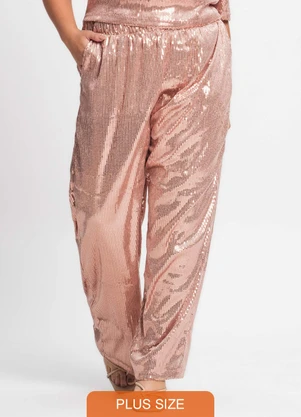 Secret Glam - Calça Feminina Plus Size em Paetê Rosa - SECRET GLAM
