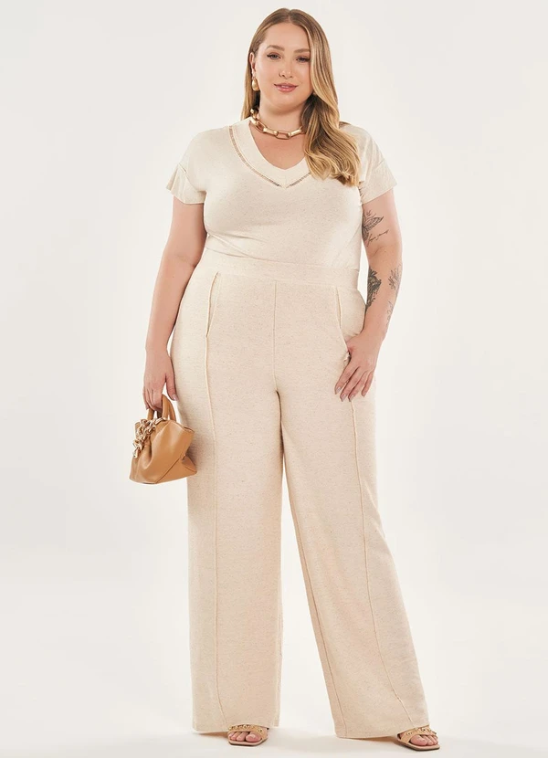 Lisamour - Calça Pantalona de Alfaiataria Bege