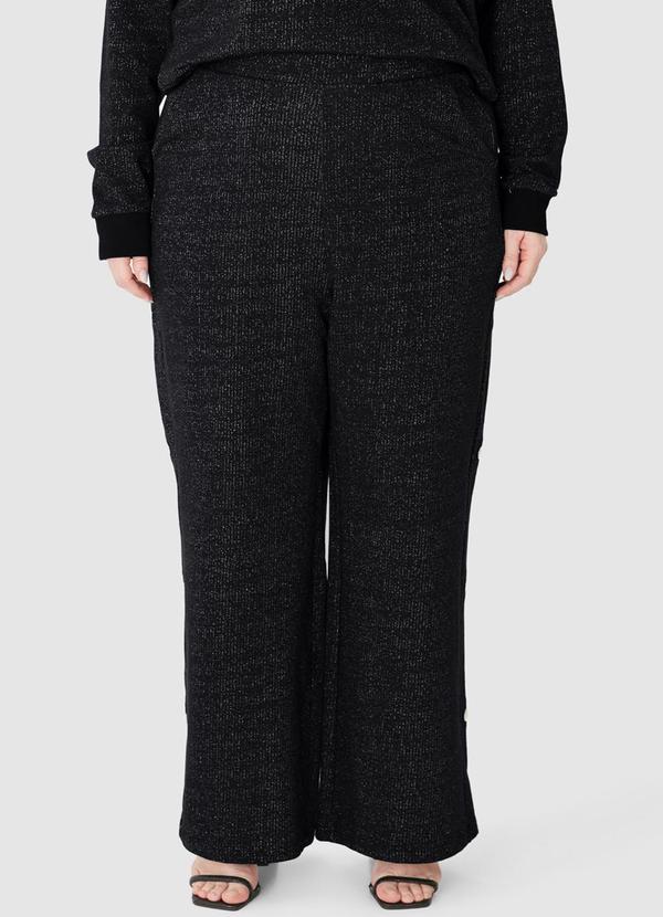 Malwee - Calça Wide Leg em Moletinho Lurex Preto