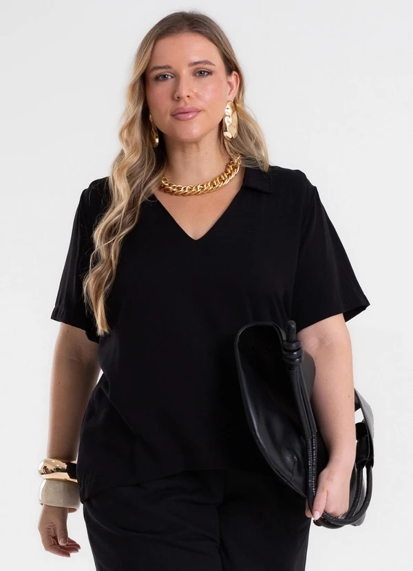 Secret Glam - Blusa Feminina Manga Curta Gola V Preto