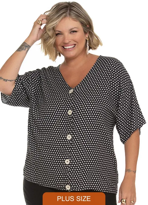 Secret Glam - Camisa Feminina Plus Size Estampada Preto