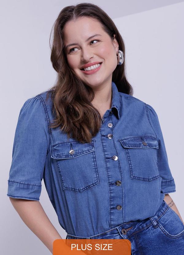 Lunender Mais Mulher - Camisa Jeans Plus Size Manga Curta Azul 5