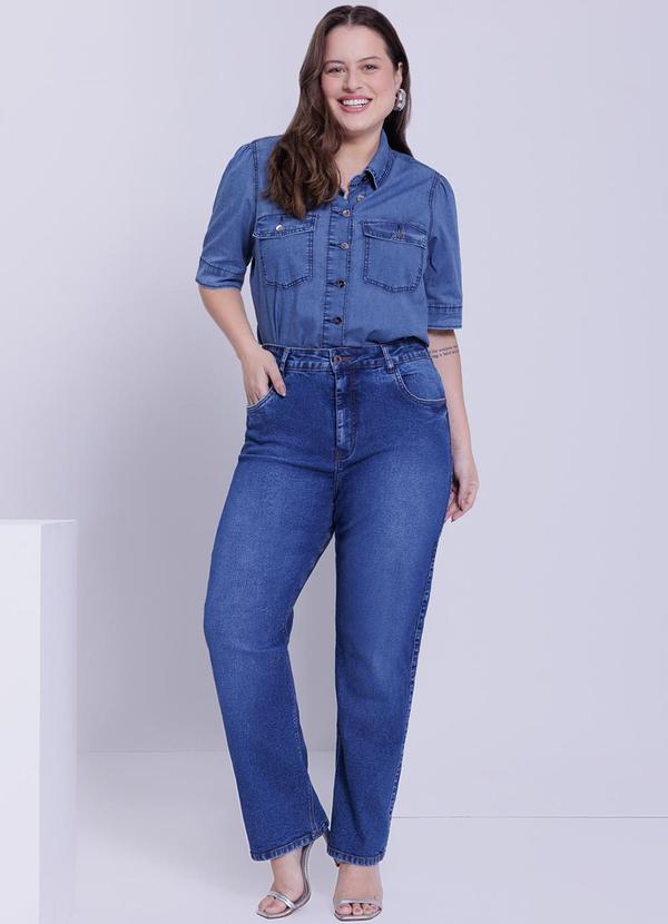 Lunender Mais Mulher - Camisa Jeans Plus Size Manga Curta Azul 3