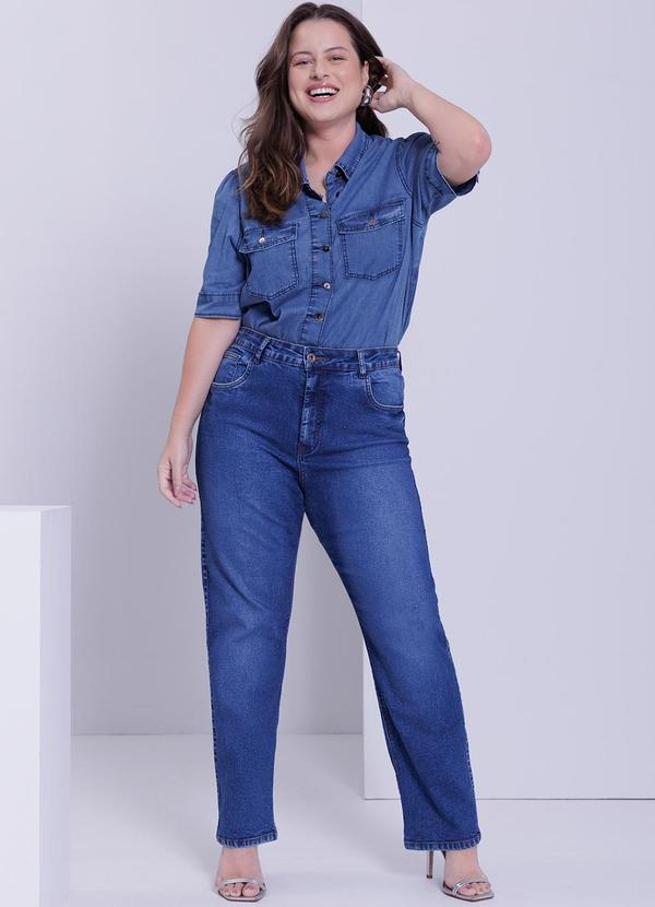 Lunender Mais Mulher - Camisa Jeans Plus Size Manga Curta Azul