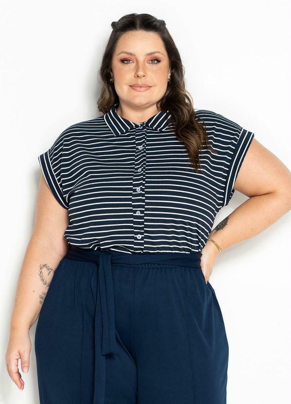 Camisa (Listras) com Mangas Curtas Plus Size