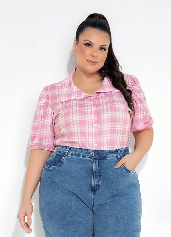 Marguerite - Camisa Xadrez Rosa com Botões Plus Size