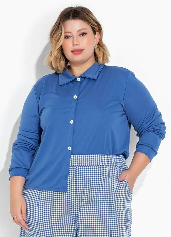 Marguerite - Camisa Azul com Botões e Mangas Longas Plus Size
