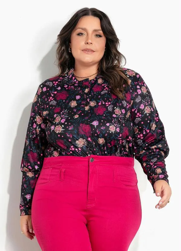 Marguerite - Camisa Floral com Mangas Bufantes Plus Size