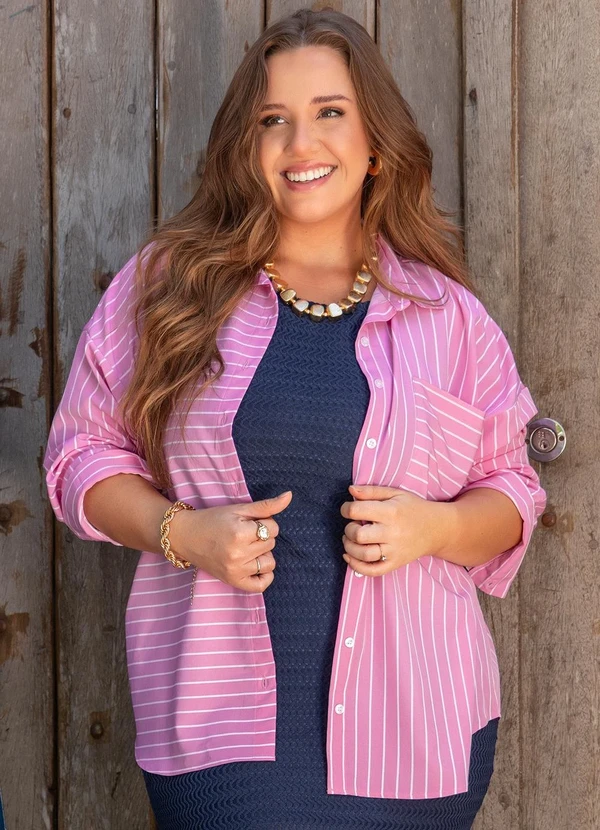 Marguerite - Camisa Listrado Rosa em Tricoline