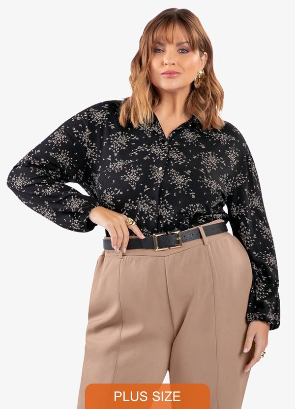 Secret Glam - Camisa Manga Longa Estampada Plus Size Preto 2