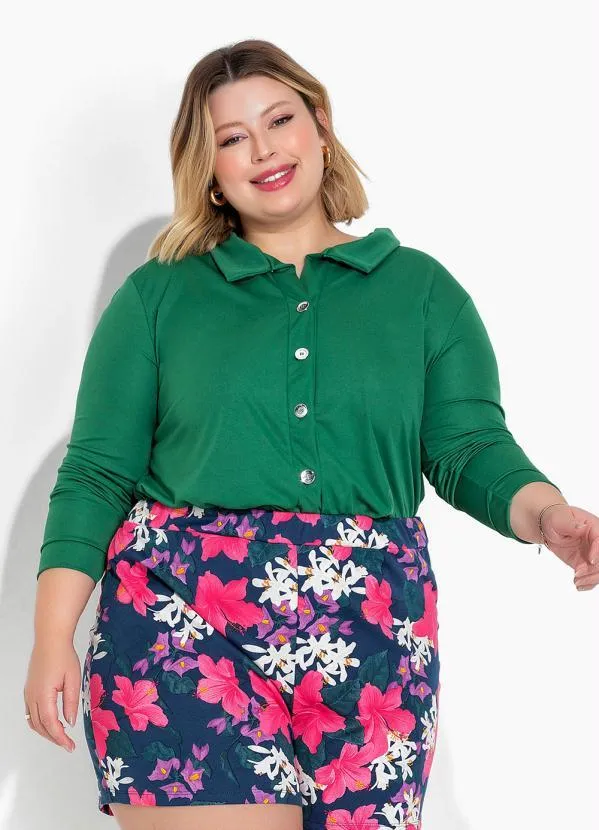 Marguerite - Camisa Verde Bandeira de Mangas Longas Plus Size