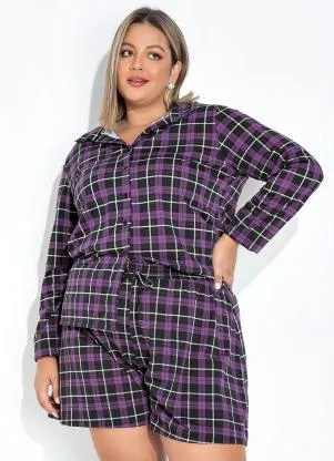 Marguerite - Camisa Xadrez Roxa com Mangas Longas Plus Size - MARGUERITE