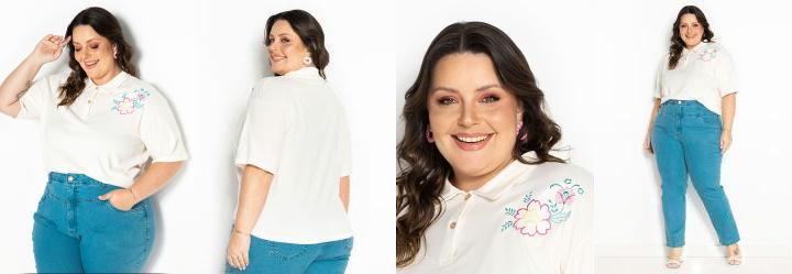 Camisa Polo Off White com Bordado Plus Size