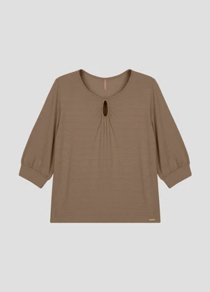 Cereja Rosa - Blusa Feminina Plus Size Manga 3/4 com Decote Gota Marrom - CEREJA ROSA