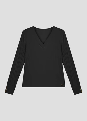 Cereja Rosa - Blusa Feminina Plus Size Manga Longa Canelada Preto - CEREJA ROSA