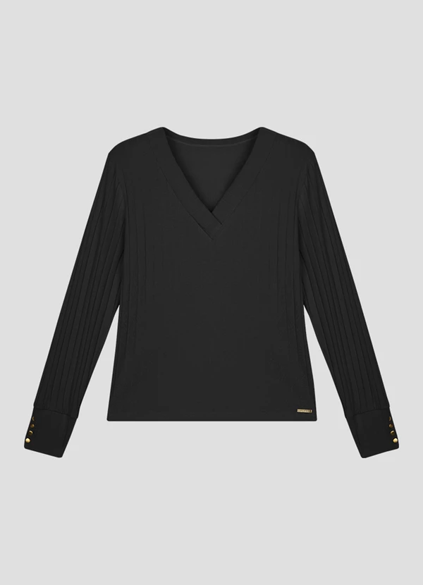 Cereja Rosa - Blusa Feminina Plus Size Manga Longa Canelada Preto