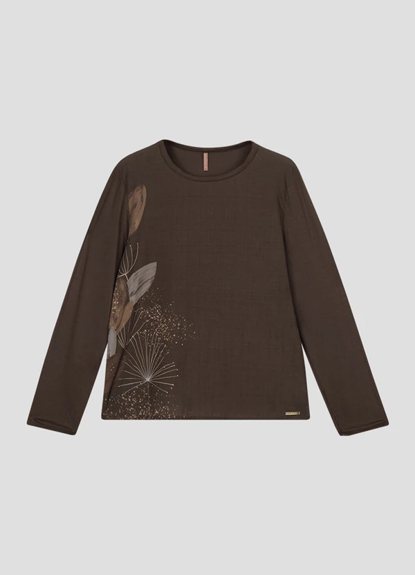 Cereja Rosa - Blusa Feminina Plus Size Manga Longa com Estampa Marrom