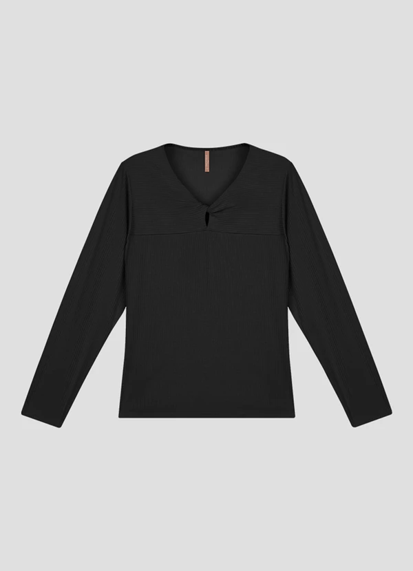 Cereja Rosa - Blusa Feminina Plus Size Manga Longa Decote Gota Preto