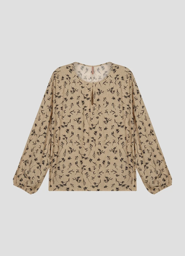 Cereja Rosa - Blusa Feminina Plus Size Manga Longa Estampada Bege