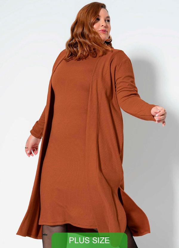 Cativa Plus Size - Cardigã Canelado Plus Size Comfy Marrom