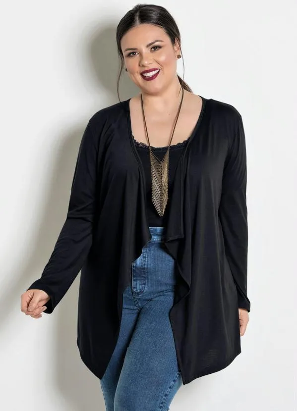 Marguerite - Cardigã com Pontas Plus Size Preto