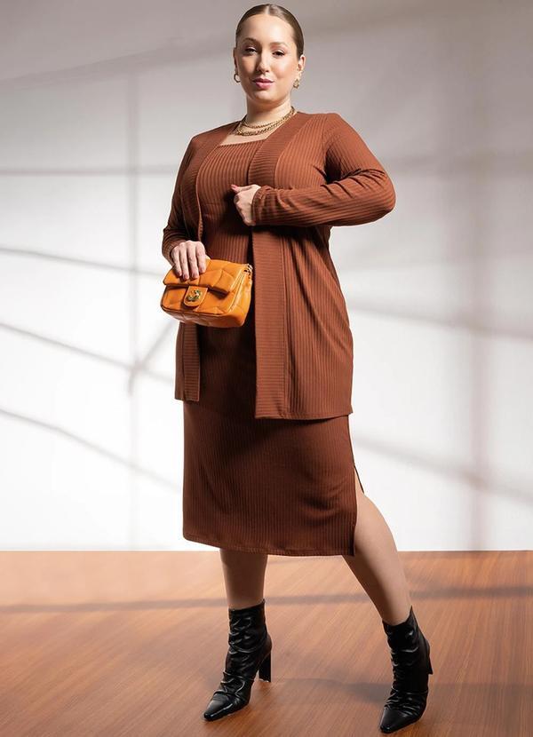 Habana - Cardigã Feminino Alongado em Canelado Marrom 2