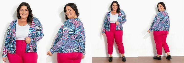 Cardigan Abstrato Azul Mangas Longas Plus Size