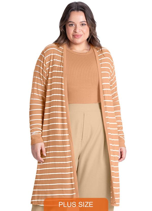 Rezzato - Cardigan Alonga Listrado Aberto Plus Size Marrom