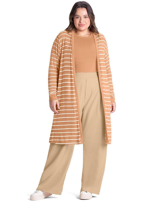 Rezzato - Cardigan Alonga Listrado Aberto Plus Size Marrom 2