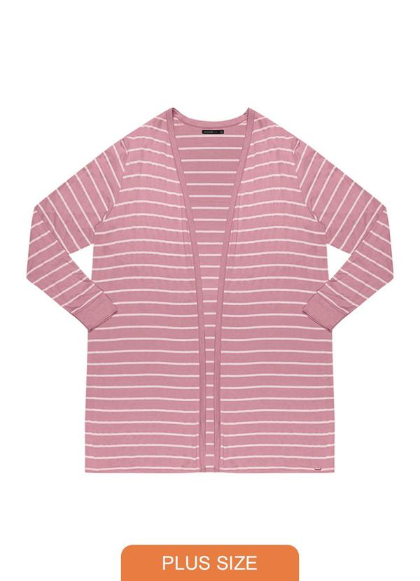 Rezzato - Cardigan Alonga Listrado Aberto Plus Size Rosa