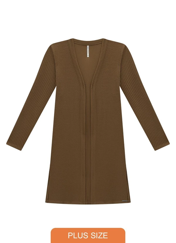 Lunender Mais Mulher - Cardigan Alongado Plus Size em Malha Texturizada Marrom