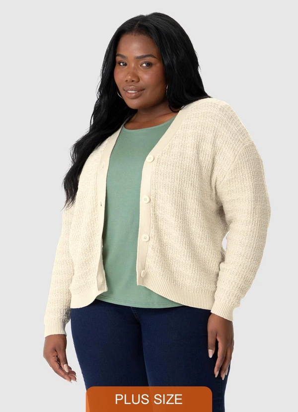 Malwee - Cardigan Amplo em Tricot Plus Bege
