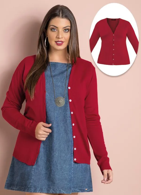 Quintess - Cardigan de Tricô Vermelho Plus Size