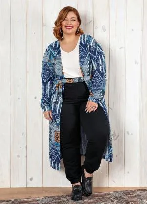 Marguerite - Cardigan Étnico Azul Mangas Bufantes Plus Size - MARGUERITE