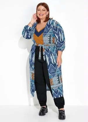 Marguerite - Cardigan Étnico Azul Mangas Bufantes Plus Size - MARGUERITE