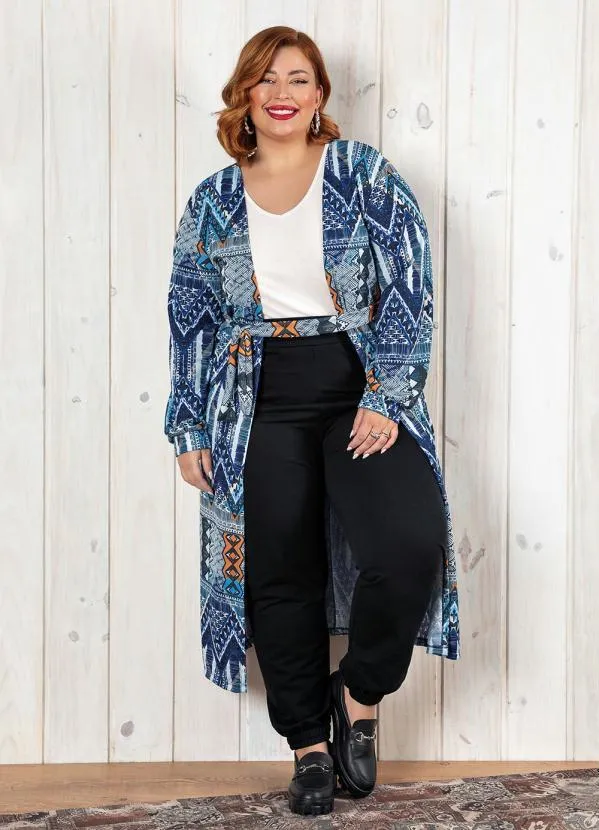 Marguerite - Cardigan Étnico Azul Mangas Bufantes Plus Size