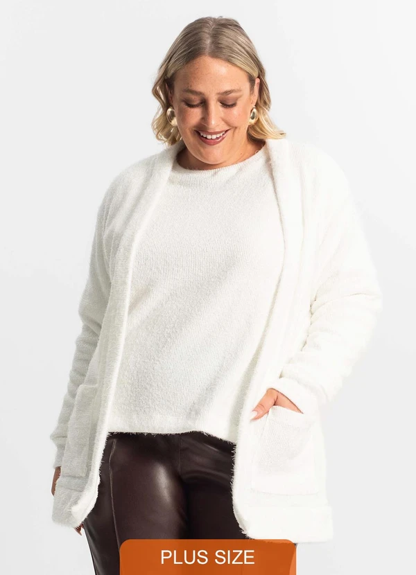 Secret Glam - Cardigan Feminino Plus Size em Tricot Bege