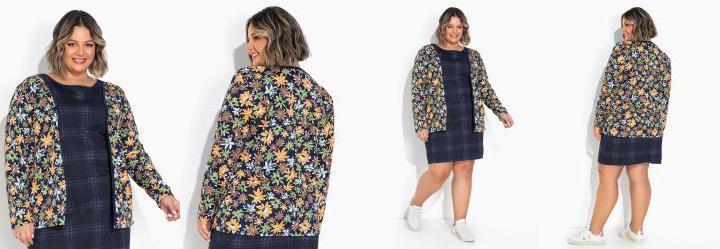 Cardigan Floral Azul com Frente Aberta Plus Size