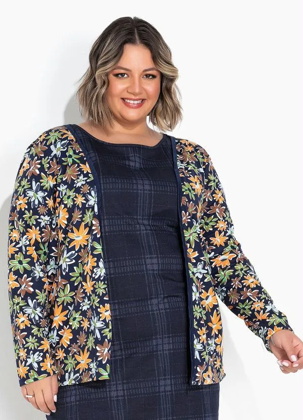 Marguerite - Cardigan Floral Azul com Frente Aberta Plus Size