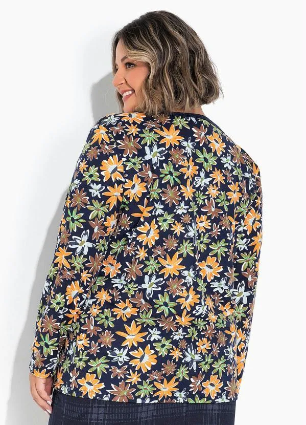 Cardigan Floral Azul com Frente Aberta Plus Size - Marguerite