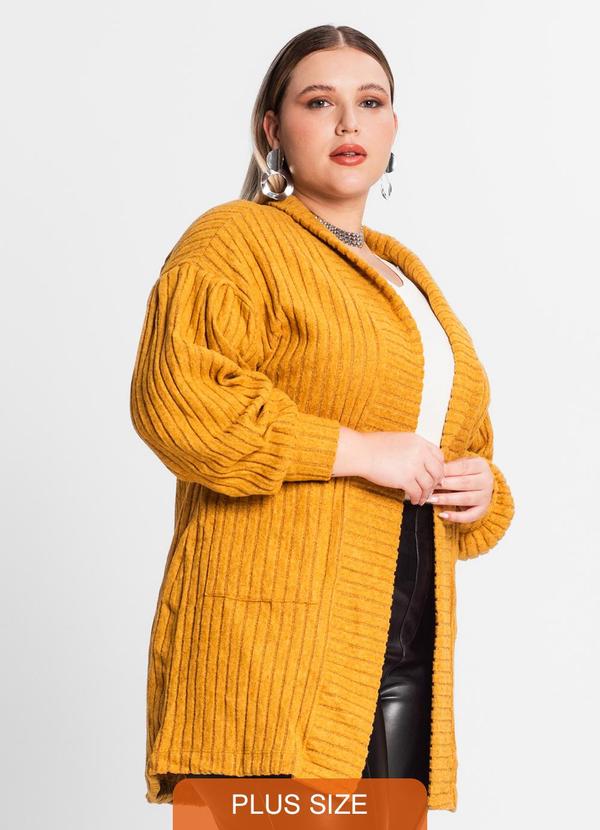 Secret Glam - Cardigan Plus Size em Canelado Tricot Amarelo