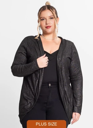 Secret Glam - Cardigan Plus Size em Ribana Canelada Preto - SECRET GLAM