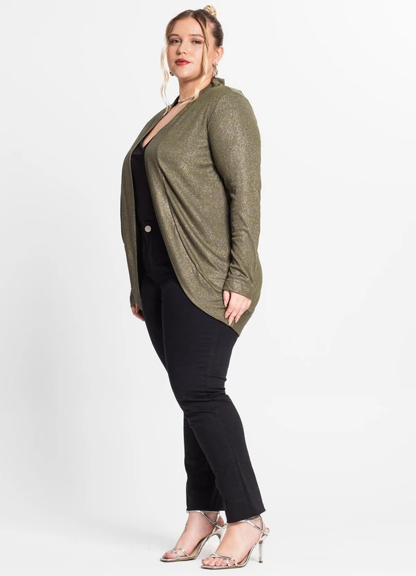 Cardigan Plus Size em Ribana Canelada Verde - Secret Glam
