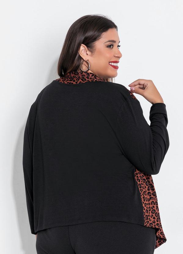 Queima Estoque - Cardigan Plus Size Preto/Onça com Pontas 4
