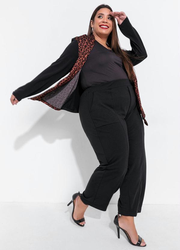 Queima Estoque - Cardigan Plus Size Preto/Onça com Pontas 3