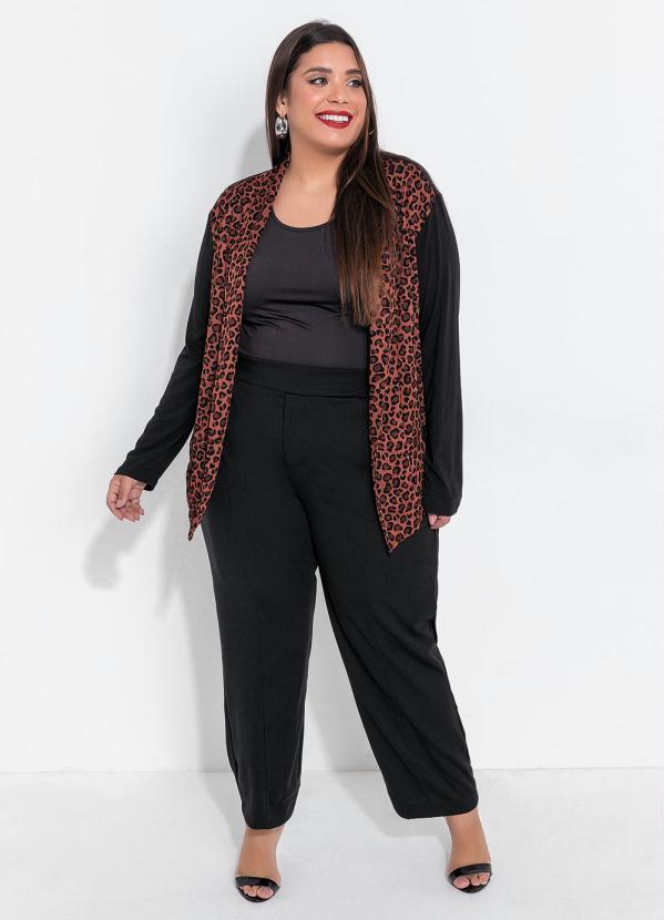 Queima Estoque - Cardigan Plus Size Preto/Onça com Pontas 2