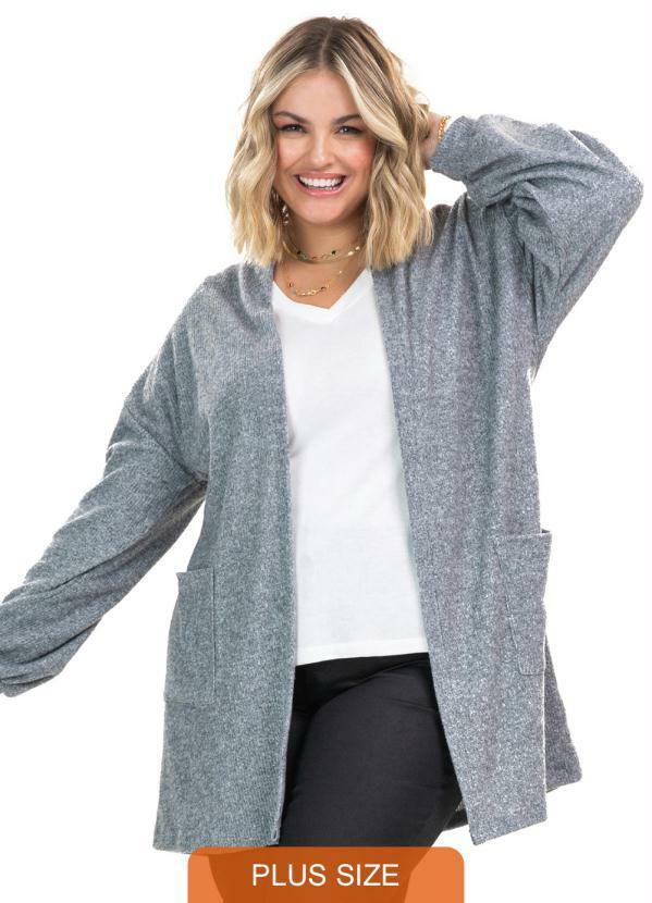 Secret Glam - Cardigan Tricto Canelado Melange Cinza